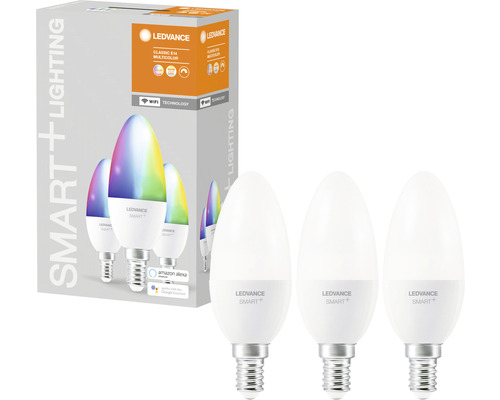 Ampoule flamme LED Ledvance Smart WIFI à intensité lumineuse variable B40 E14/5W (40W) mat 470 lm 2700- 6500 K RGBW 3 pièces