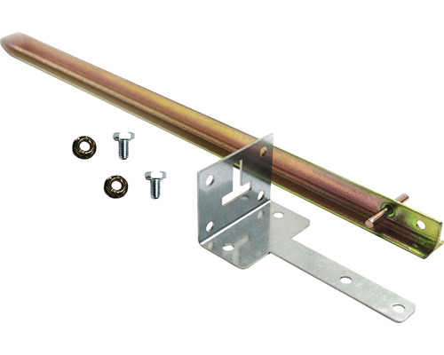 Kit de fixation Gutta terre pour serre F4 pour une utilisation avec fondation L''image montre un kit d''installation avec des accessoires de montage, comprenant une tige, un support, des écrous et des vis.
