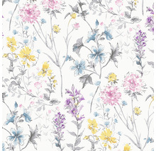 Papier peint à fleurs avec motif floral en jaune, bleu, rose et violet