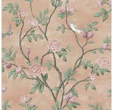 Papier peint avec fleurs, feuilles, fruits et oiseaux sur des branches