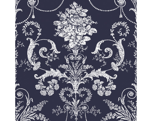 Papier peint intissé 113386 Laura Ashley Josette bleu Gros plan d''un papier peint intissé floral avec des ornements