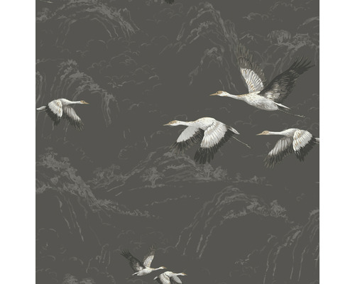 Vliestapete 113393 Laura Ashley Animalia Dunkelgrau Tapete mit Kranichmotiv und Berglandschaft