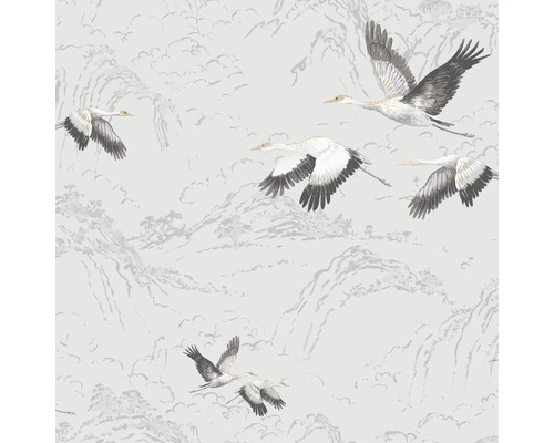 Papier peint intissé 113394 Laura Ashley Animalia argent Papier peint avec motif de grues et paysage de montagne