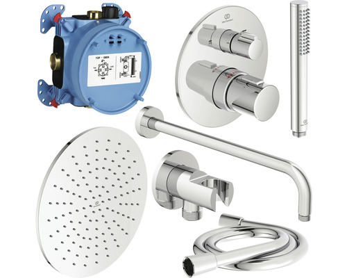 Thermostat de douche encastré Ideal Standard Ceratherm T100 chrome A7573AA Système de douche Ideal Standard avec corps d''encastrement, douche de tête, douchette et flexible de douche