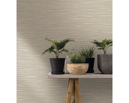 Nahaufnahme einer Wand mit horizontal gemusterter Tapete und diversen Zimmerpflanzen auf einem Holztisch