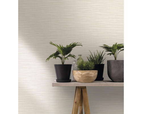 Papier peint intissé clair avec motif à rayures horizontales dans une pièce avec des plantes sur une table