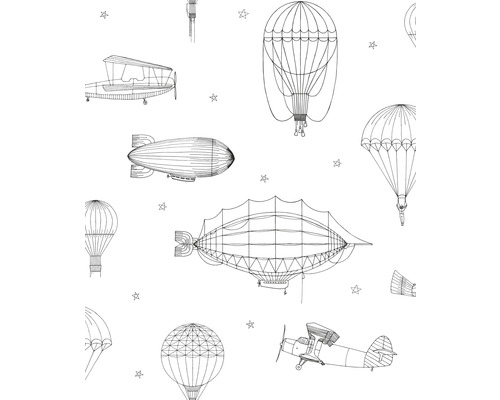 Vliestapete 45827 Kids Walls Zeppelin Heißluftballon weiß Illustration von Flugzeugen, Luftschiffen und Ballons auf einem Stoffmuster.