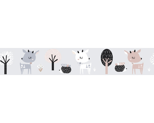 Bordüre 45832 Kids Walls Rehe Igel grau rosa 5 m x 17,5 cm Grafische Darstellung von Rehen, Bäumen und Igeln
