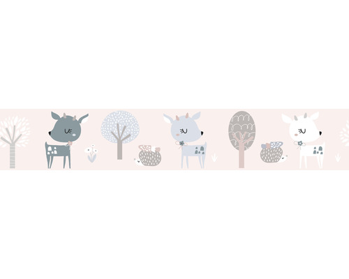 Frise 45837 Kids Walls chevreuils hérisson rose bleu 5 m x 17,5 cm Illustration avec des cerfs, des arbres et des hérissons