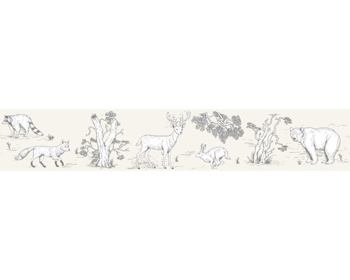 Frise 45810 Kids Walls animaux forêt beige 5 m x 17,5 cm Illustration d''animaux forestiers, dont un raton laveur, un renard, un cerf, un lièvre et un ours