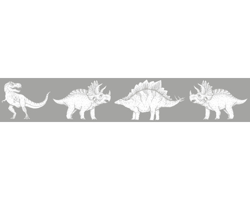 Bordüre 45804 Kids Walls Dinos grau 5 m x 17,5 cm Illustration von Tyrannosaurus Rex, Triceratops und Stegosaurus