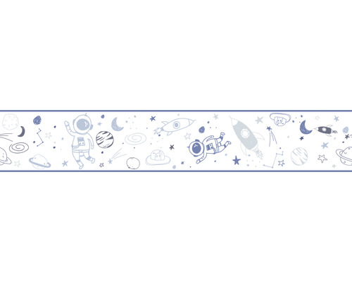 Frise 45849 Kids Walls espace bleu blanc 5 m x 17,5 cm Bordure avec motifs spatiaux, comprenant des astronautes, des fusées et des planètes