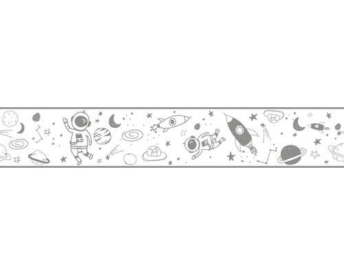 Bordüre 45851 Kids Walls Weltall grau weiß 5 m x 17,5 cm Weltraum Bordüre mit Astronauten, Raketen und Planeten
