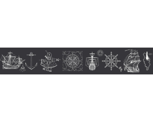 Frise 45843 Kids Walls pirate noir 5 m x 17,5 cm Illustration avec bateaux, ancre, sextant, rose des vents, gouvernail et île