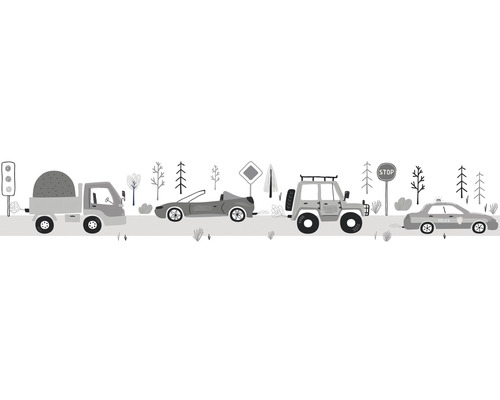 Frise 45847 Kids Walls voitures route gris blanc 5 m x 17,5 cm Illustration d''une scène de rue avec différents véhicules, panneaux de signalisation et arbres.