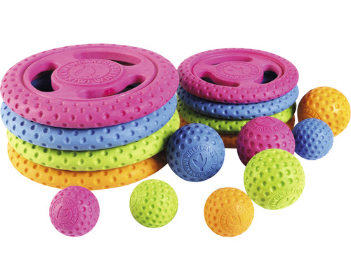 Jouets multicolores pour chiens : frisbees et balles