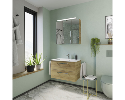 Salle de bains lumineuse avec meuble sous-lavabo, armoire de toilette et décoration