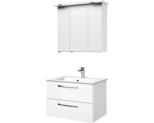 Weißer Waschtischunterschrank mit zwei Schubladen und Spiegelschrank mit drei Türen