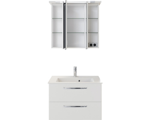 Weißer Waschtischunterschrank mit Waschbecken und Spiegelschrank mit drei Türen und Einlegeböden