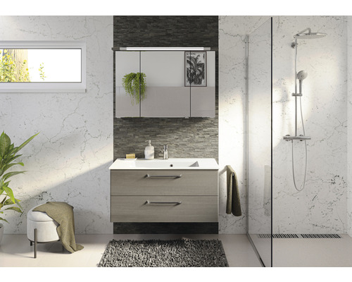 Salle de bains moderne avec meuble sous-lavabo, armoire de toilette et douche.