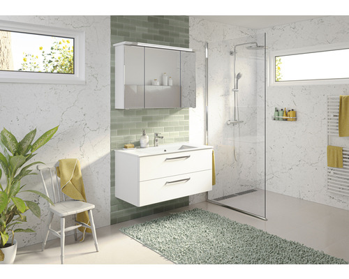 Salle de bains lumineuse avec meuble sous-lavabo, armoire de toilette et douche