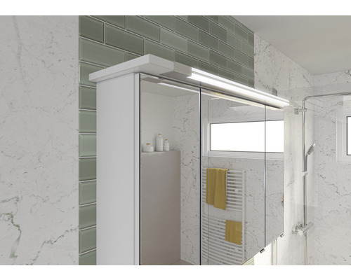 Scène de salle de bains avec armoire de toilette, douche et radiateur