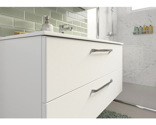 Meuble sous-vasque blanc avec deux tiroirs dans une salle de bain