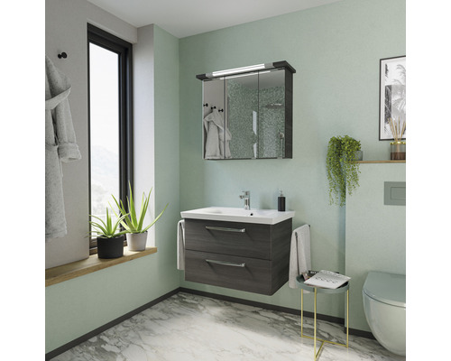 Modernes Badezimmer mit Waschtischunterschrank, Spiegelschrank und Dekoration