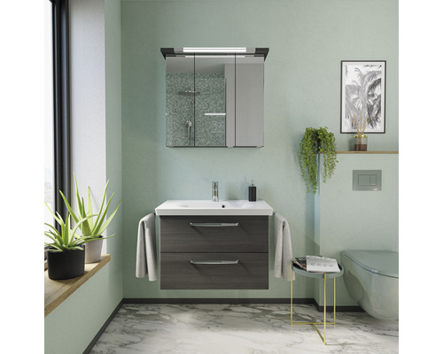 Badezimmer mit Waschtischunterschrank, Spiegelschrank und Toilette