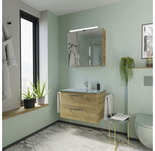 Salle de bains moderne avec meuble-lavabo, armoire de toilette à miroir et toilettes assorties.