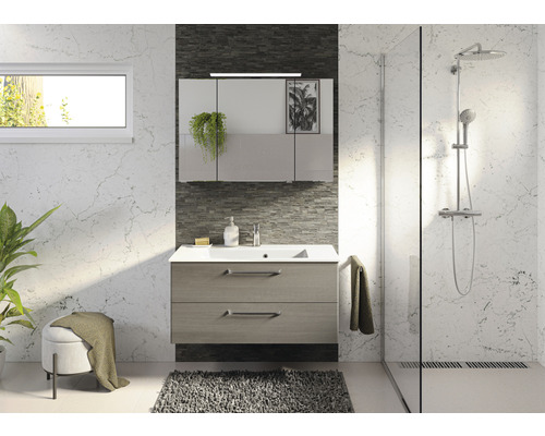 Badezimmer mit Waschtischunterschrank, Spiegelschrank und Dusche