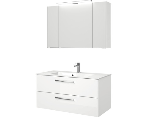 Badmöbel-Set Pelipal Kumba BxHxT 107 x 200 x 50 cm Frontfarbe weiß hochglanz mit Mineralguss-Waschtisch weiß 99.107012609 Waschtisch mit Unterschrank und Spiegelschrank mit Beleuchtung im Badezimmer