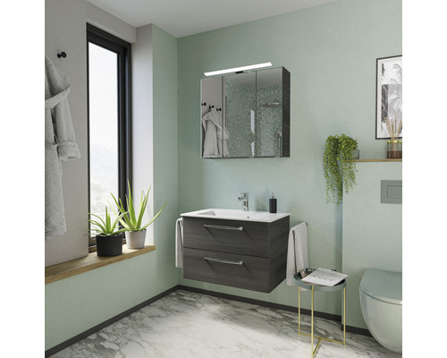 Badezimmer mit Waschbeckenunterschrank, Spiegelschrank und Toilette in einem hellen Raum