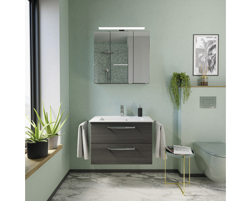 Badezimmer mit Waschtisch, Spiegelschrank, Toilette und Dekoration in einem hellen Raum