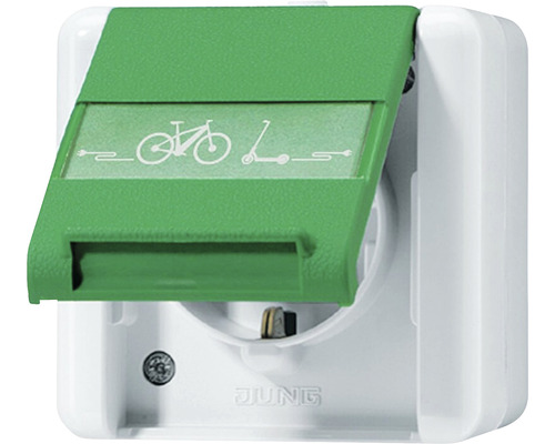 Prise de courant Jung 820 avec symbole de charge pour vélo électrique + couvercle rabattable + zone d'inscription IP44 gris/vert
