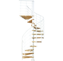 Wendeltreppe mit Holzstufen und weißem Geländer