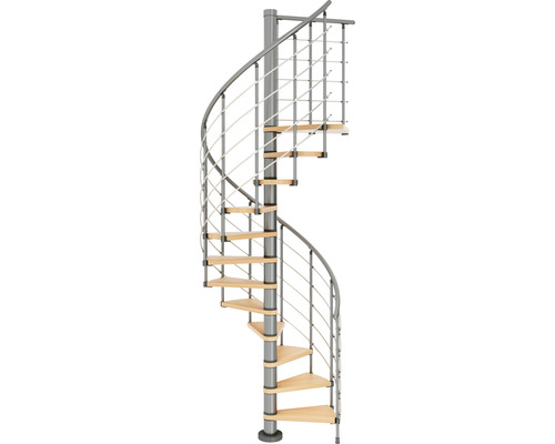 Spindeltreppe mit Holzstufen und Metallgeländer
