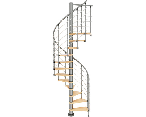 Wendeltreppe mit Metallgeländer und Holzstufen