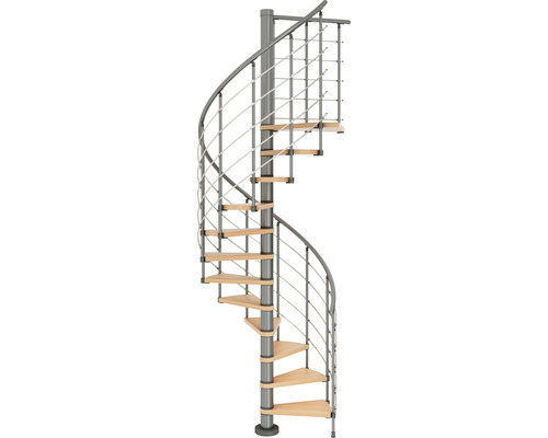 Spindeltreppe mit Holzstufen und Metallgeländer