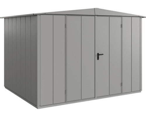 Abri de jardin métallique avec double porte et toit à deux pentes
