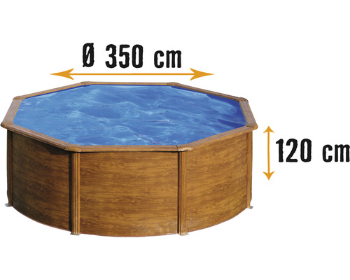 Piscine hors sol en bois, diamètre 350 centimètres, hauteur 120 centimètres