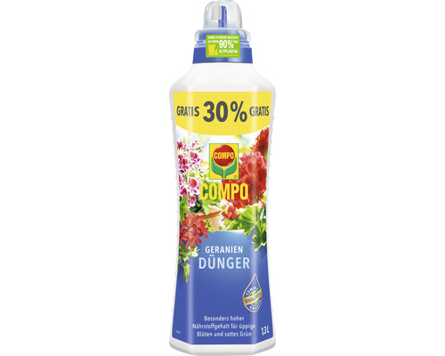 Engrais pour géraniums COMPO dans une bouteille de 1,3 litre