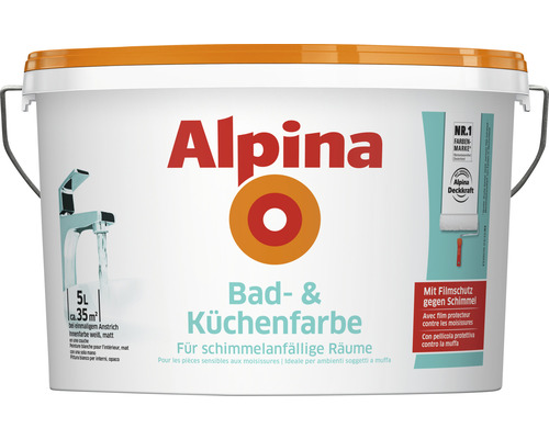 Peinture pour salle de bains et cuisine Alpina blanc 5 l Peinture pour salles de bains et cuisines Alpina, cinq litres, pour pièces sensibles à l''humidité