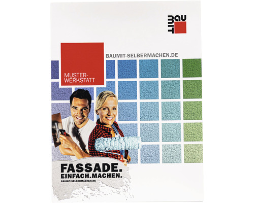 Échantillon d'enduit à base de résine silicone Baumit "structure grattée" ou "structure crépi ribé plein" 2 mm Brochure Baumit pour la conception de façade avec des échantillons de couleurs et des exemples d''application