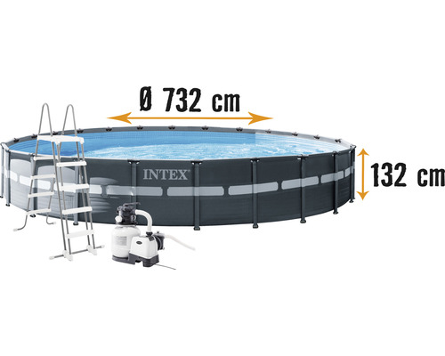 Ensemble de piscine tubulaire hors sol Intex Ultra Rondo XTR ronde Ø 732x132 cm avec groupe de filtration à sable, échelle et tuyaux gris