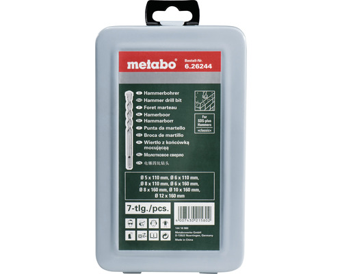 Kit de forets à béton Metabo Ø 5 mm, 6 mm, 6 mm, 8 mm, 8 mm, 10 mm, 12 mm 7 pces Metabo Jeu de forets à marteau, 7 pièces, différentes tailles, pour marteaux SDS-plus