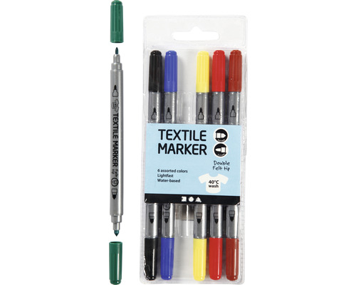 Set de marqueurs textiles avec six couleurs et double pointe