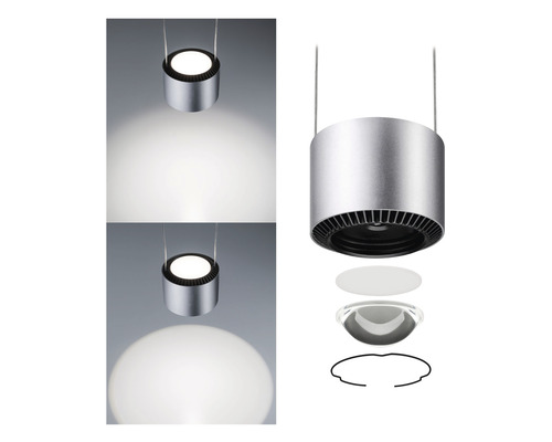 Lampe suspendue en métal avec faisceau lumineux et vue éclatée