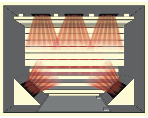 Sauna mit Holzbänken und Heizstrahlern