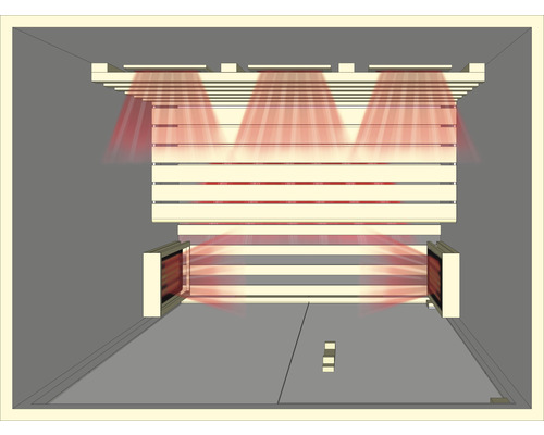 Sauna Innenraum mit Holzbänken und Heizung